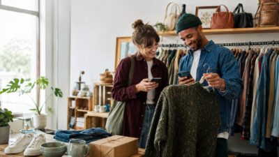 Two shoppers using secondhand shopping apps in a UK vintage clothing shop