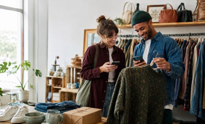 Two shoppers using secondhand shopping apps in a UK vintage clothing shop
